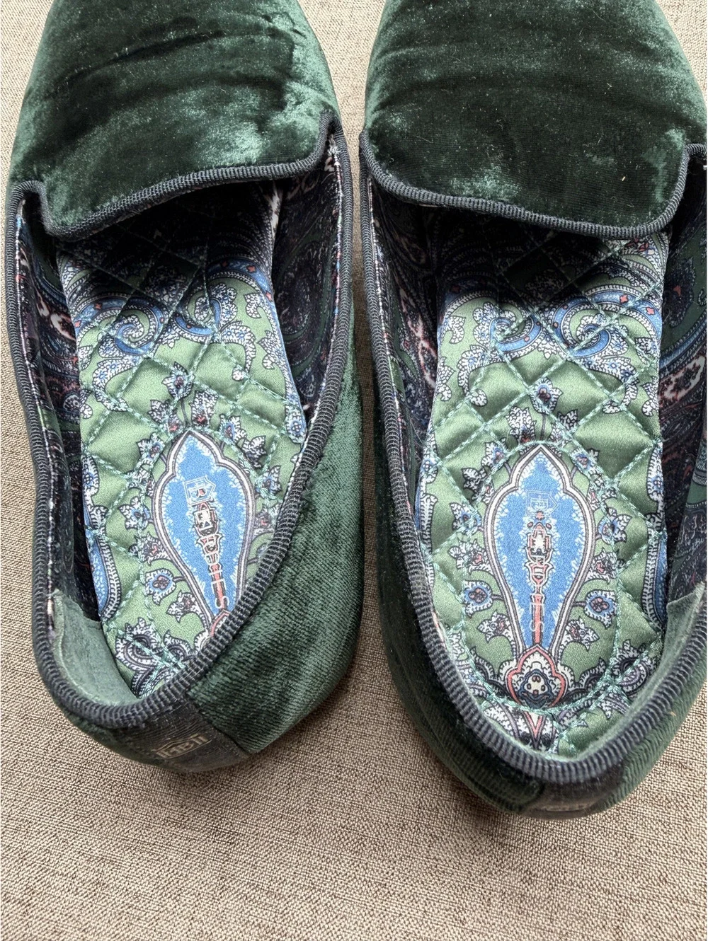 Birdies Women’s 10 Emerald Green Velvet Smoking Loafers Paisley Quilted Flats